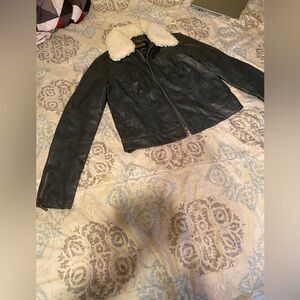 Women's Black Leather Jacket with Cream Collar